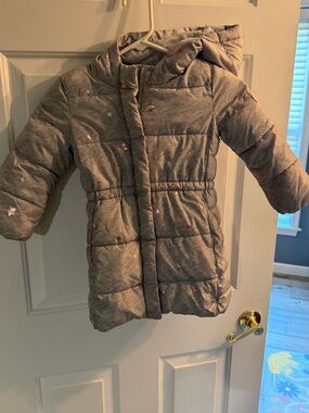 GAP Grey Hooded Puffer Coat with Pink Star Accents
